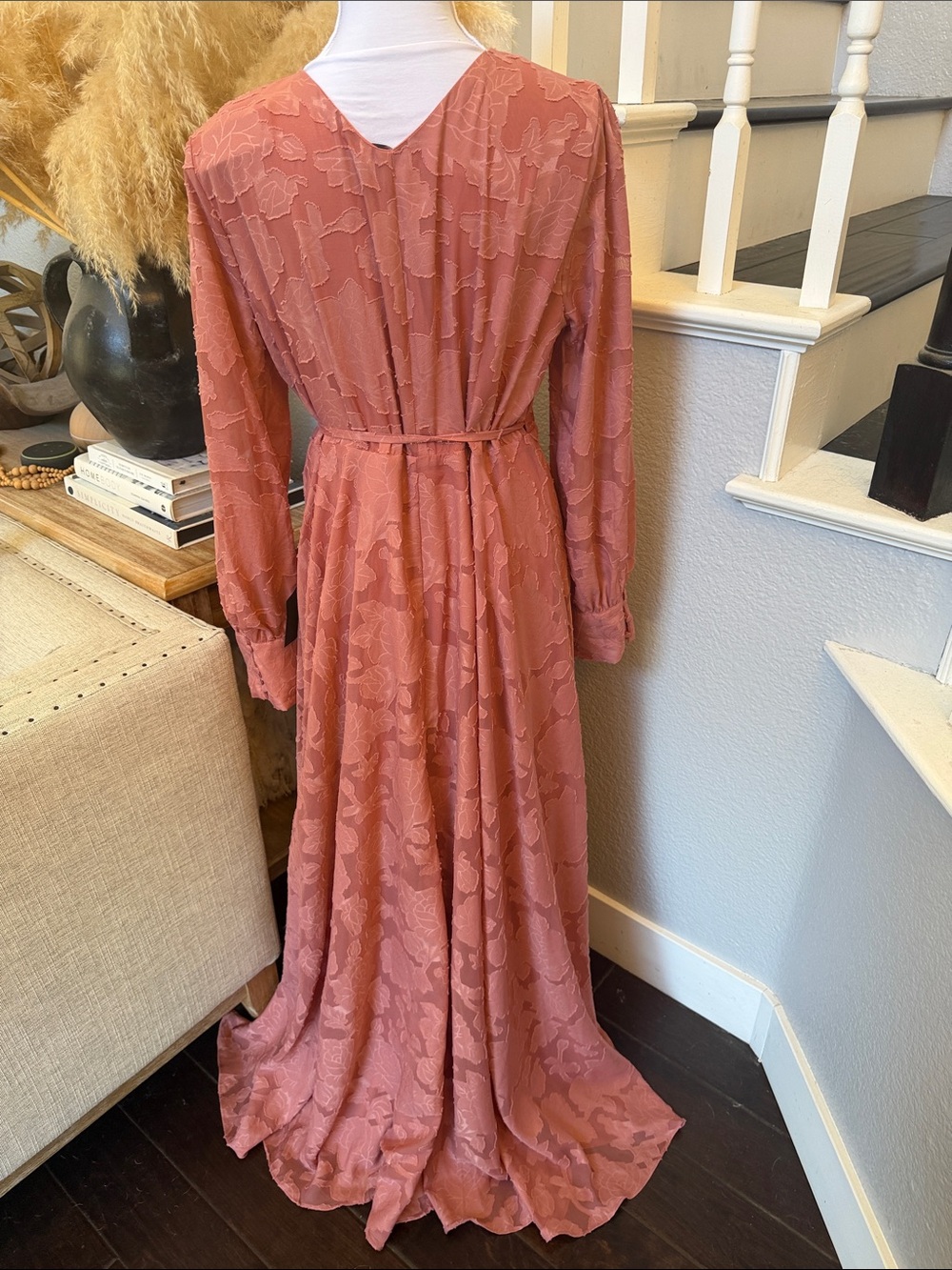 Lulus Kept Your Love Rose Pink Floral Jacquard Long Sleeve Maxi Dress Size XL - Picture 7 of 8